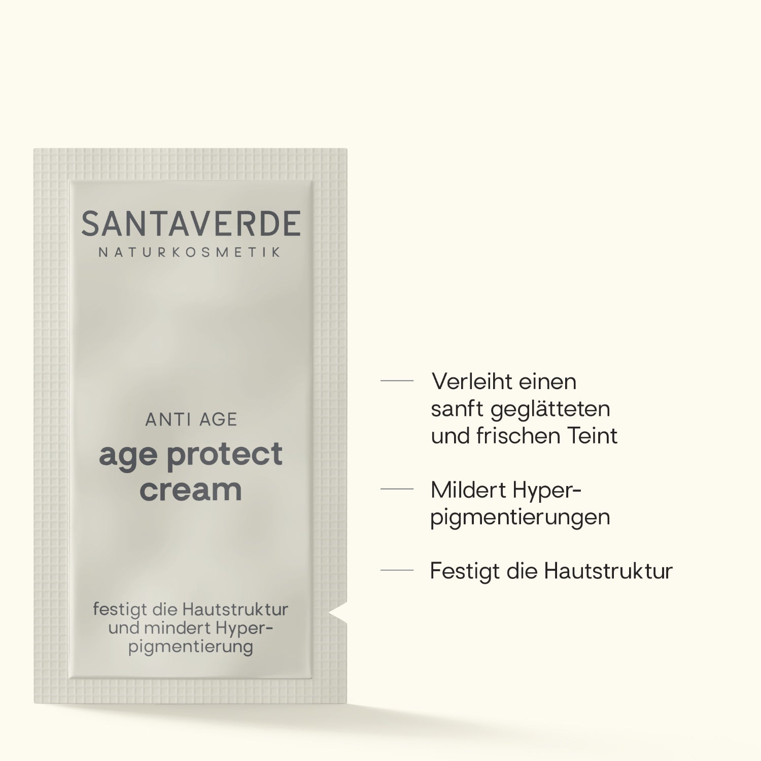 Santaverde Probe age protect cream – Naturkosmetik Sachet-Produktdarstellung mit Wirkversprechen auf hellem Hintergrund