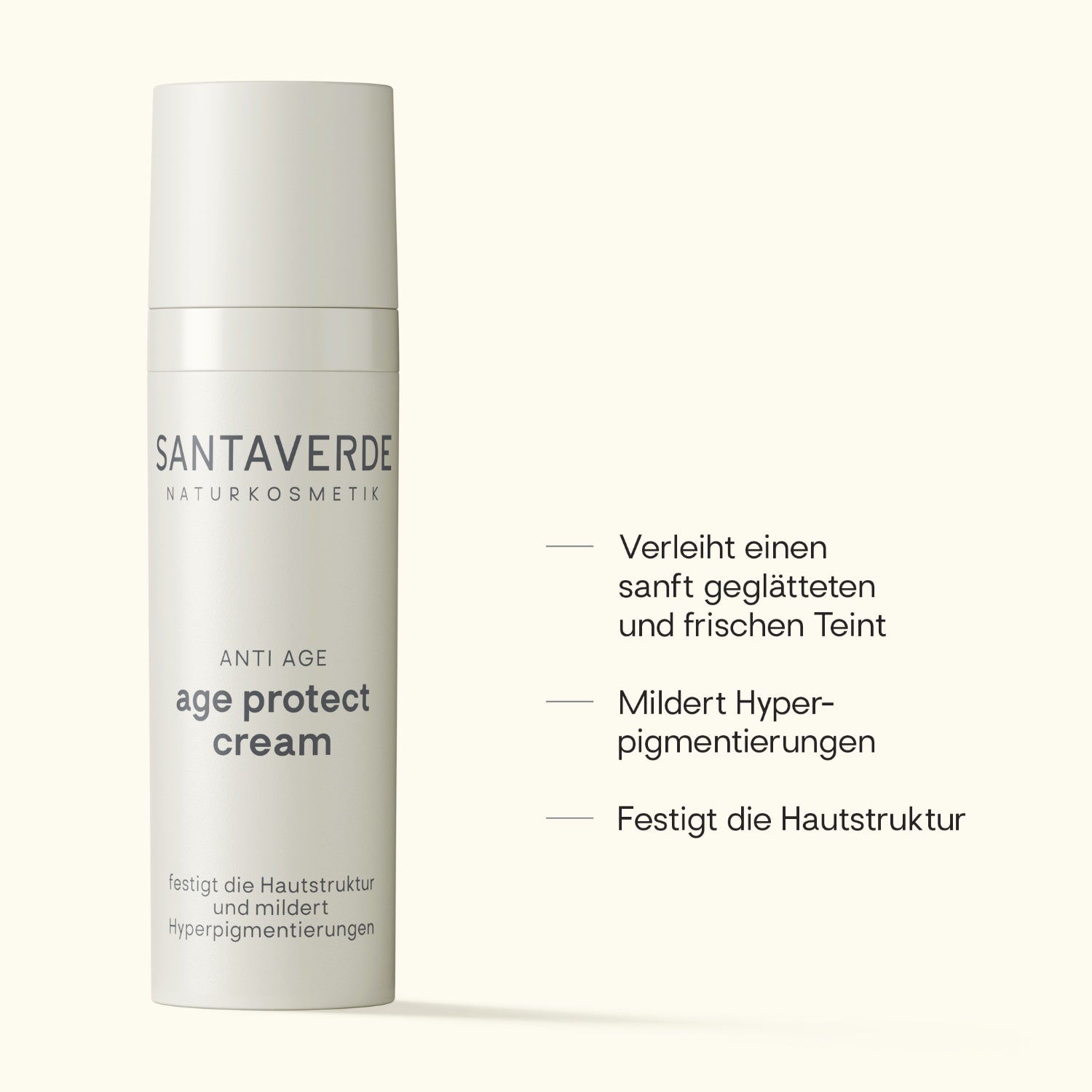 Santaverde Age Protect Cream– Naturkosmetik Gesichtscreme mit Aloe Vera, Produktdarstellung mit USPs und Anwendungsvorteilen auf hellem Hintergrund