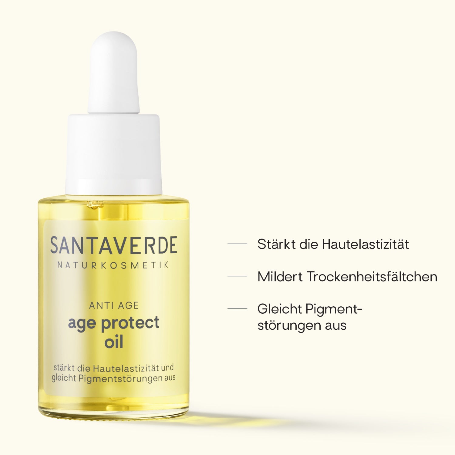 Santaverde Age Protect Oil – Aloe Vera Naturkosmetik Gesichtsöl für reife Haut, Produktfoto mit hervorgehobenen Vorteilen