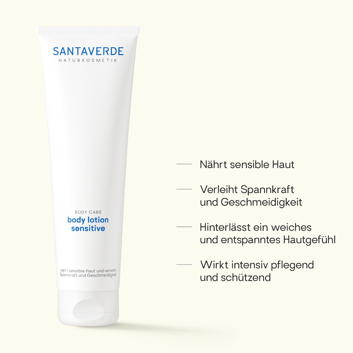 Santaverde Body Lotion Sensitive 150 ml – ohne Duftstoffe für sensible Haut, Produktdarstellung mit USPs und Anwendungsvorteilen auf hellem Hintergrund