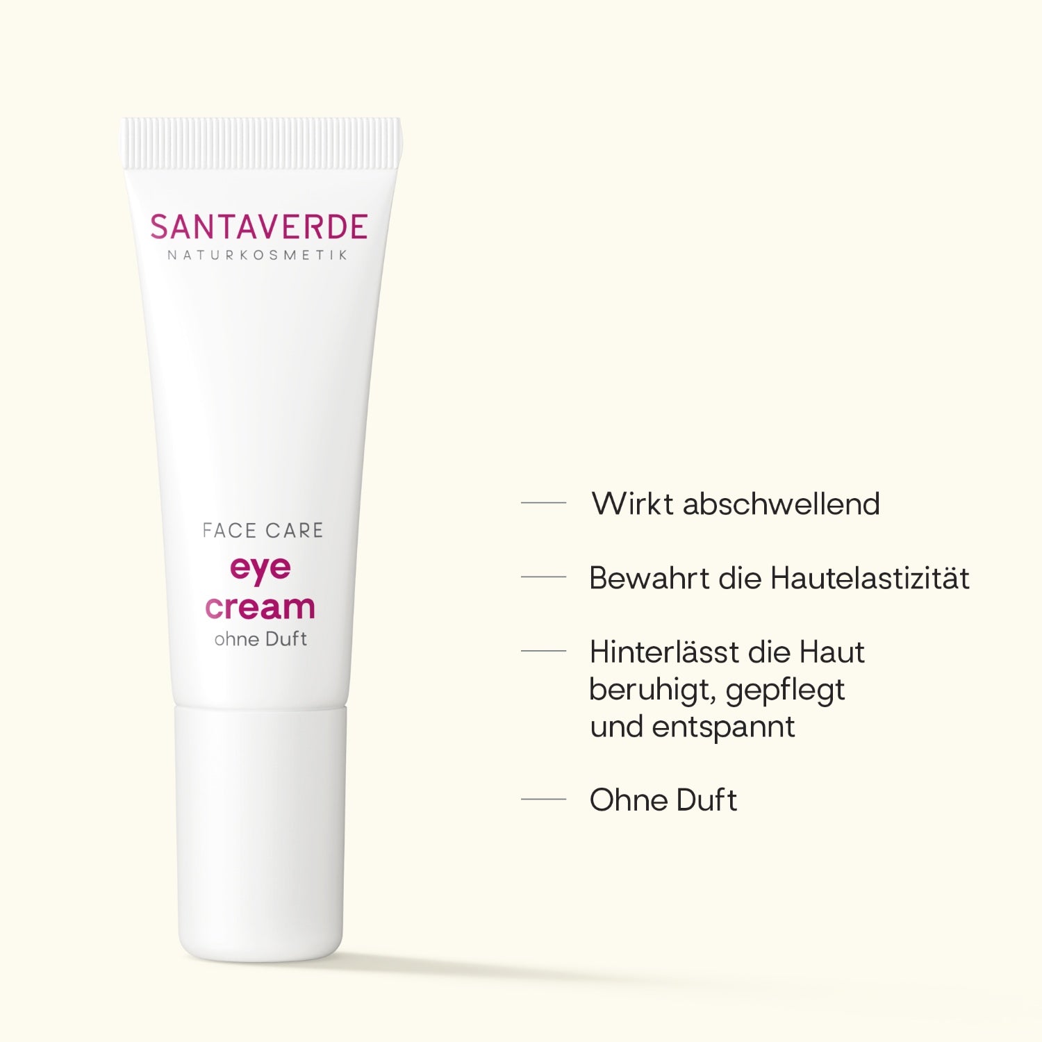 antaverde Eye Cream ohne Duft – Naturkosmetik Augencreme mit Aloe Vera, Produktdarstellung mit USPs und Anwendungsvorteilen auf hellem Hintergrund