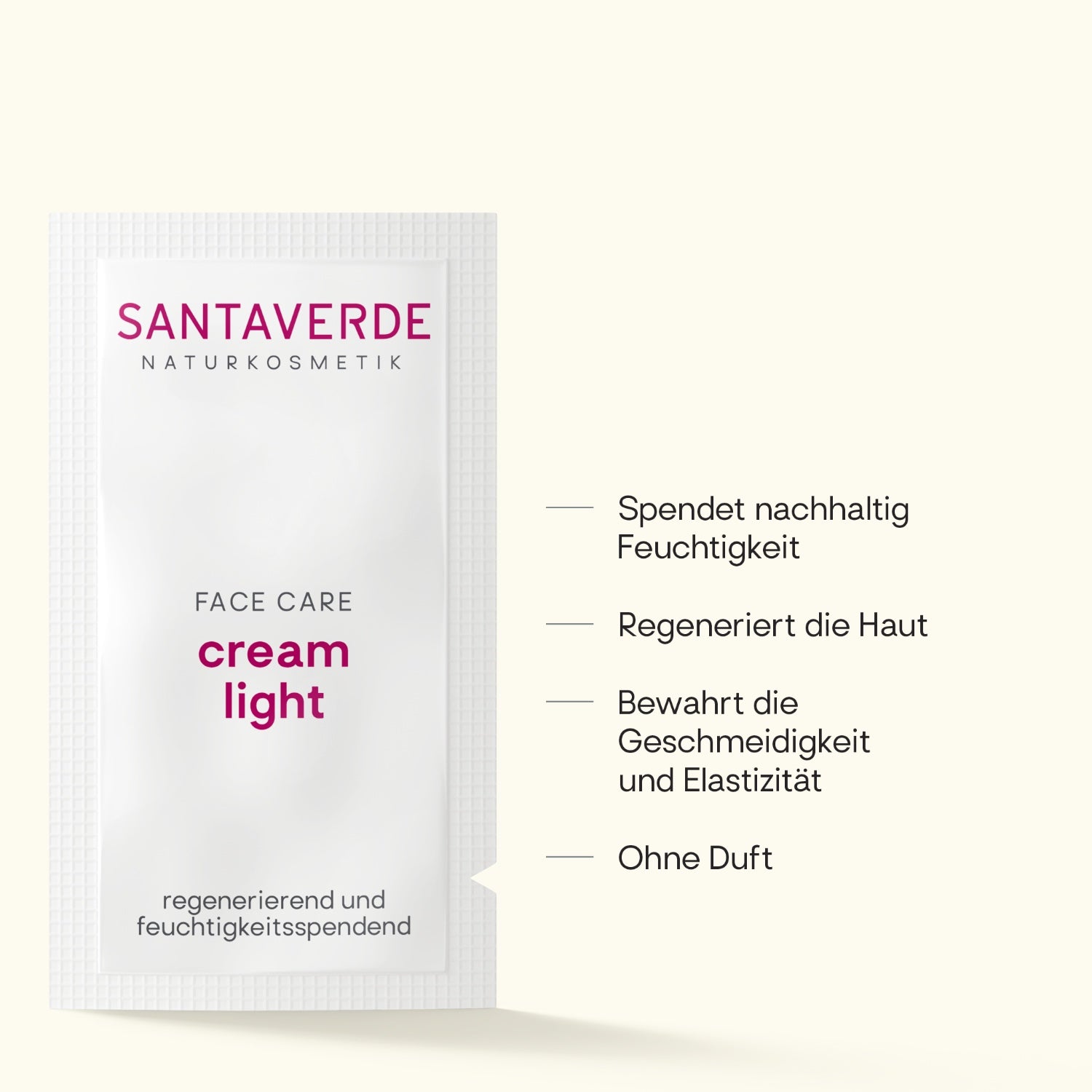 Santaverde Cream Light – Naturkosmetik Gesichtscreme mit Aloe Vera, Produktdarstellung mit USPs und Anwendungsvorteilen auf hellem Hintergrund