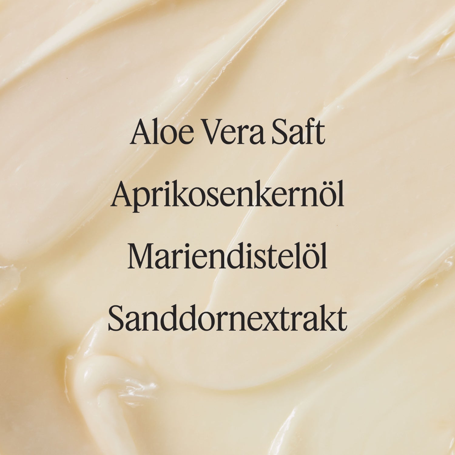 Santaverde Probe Sleep & Repair Night Cream Texturbild mit Hauptinhaltsstoffen Aloe Vera Safz, Aprikosenkernöl, Mandeldistelöl und Sanddornextrakt