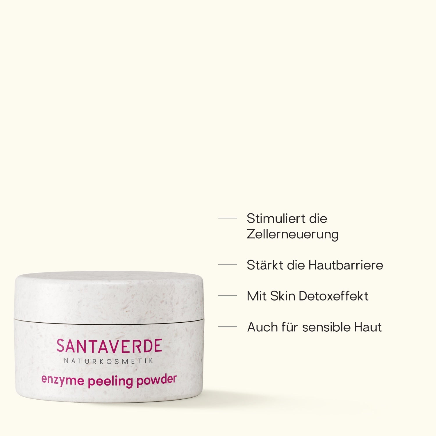 Santaverde enzym peeling powder – Naturkosmetik Gesichtspeeling mit Aloe Vera, Produktdarstellung mit USPs und Anwendungsvorteilen auf hellem Hintergrund