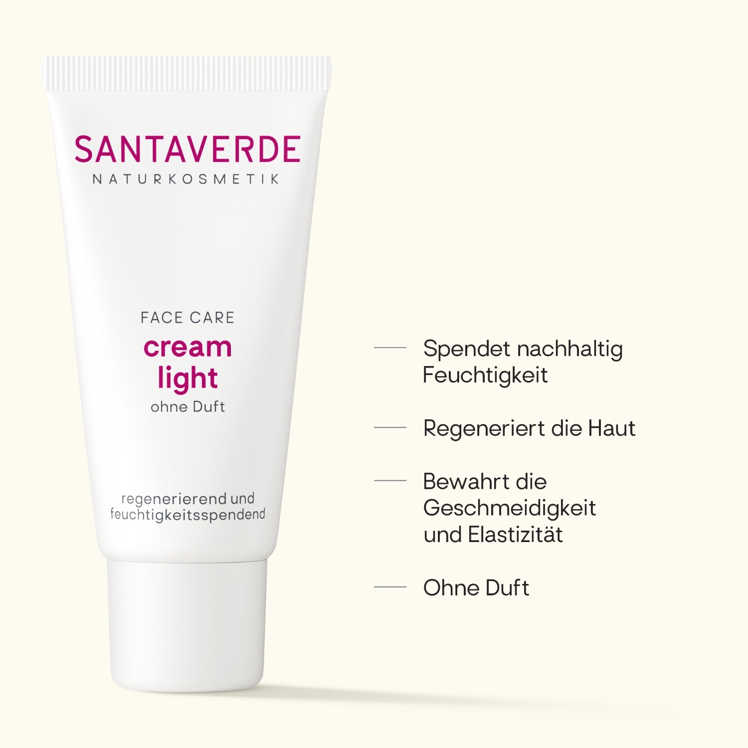 Santaverde Cream Light ohne Duft 30 ml – ohne Duftstoffe für sensible Haut, Produktdarstellung mit USPs und Anwendungsvorteilen auf hellem Hintergrund