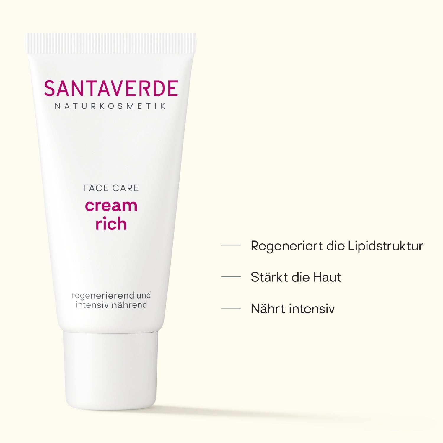 Santaverde Cream Rich – reichhaltige Aloe Vera Gesichtscreme mit Aloe Vera, Produktdarstellung mit USPs und Anwendungsvorteilen auf hellem Hintergrund