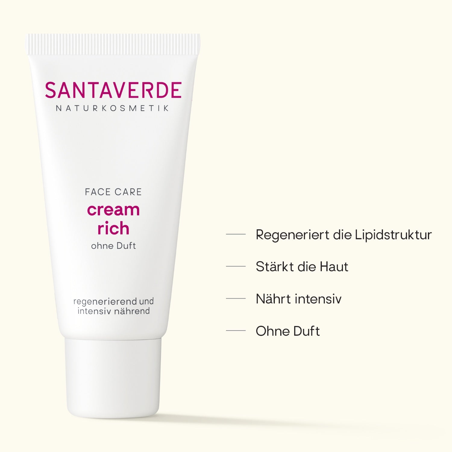 Santaverde Cream rich ohne Duft 30 ml – Aloe Vera Naturkosmetik für normale bis trockene Haut, Produktabbildung mit hervorgehobenen USPs