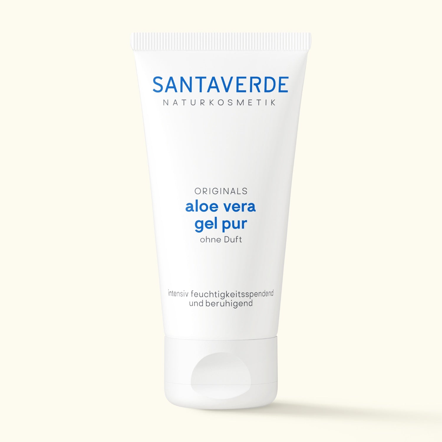 Santaverde Aloe Vera Gel Pur ohne Duft – Naturkosmetik Feuchtigkeitspflege mit 100 % Aloe Vera in weißer 50 ml Tube auf hellem Hintergrund