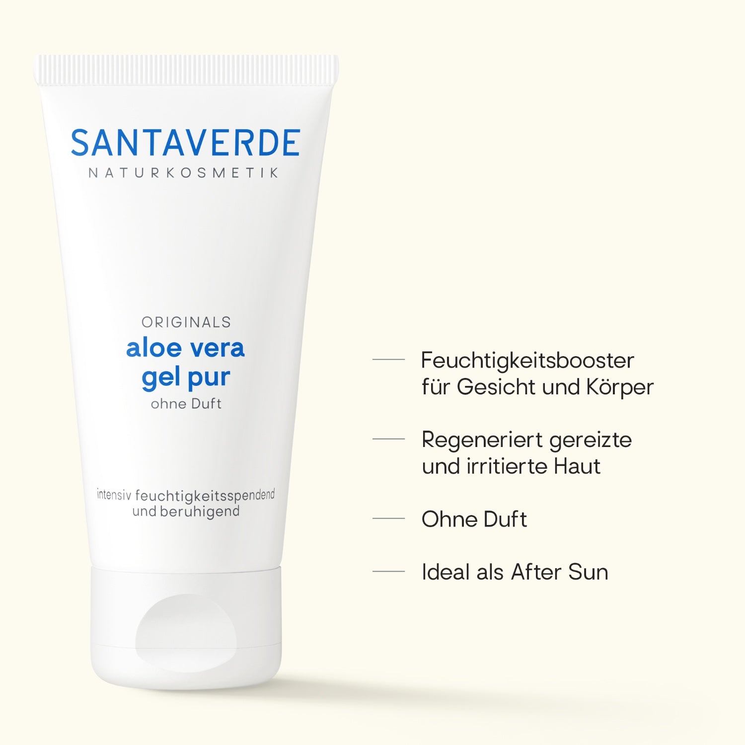 Santaverde Aloe Vera Gel Pur ohne Duft– Naturkosmetik Aloe Vera Gel, Produktdarstellung mit USPs und Anwendungsvorteilen auf hellem Hintergrund
