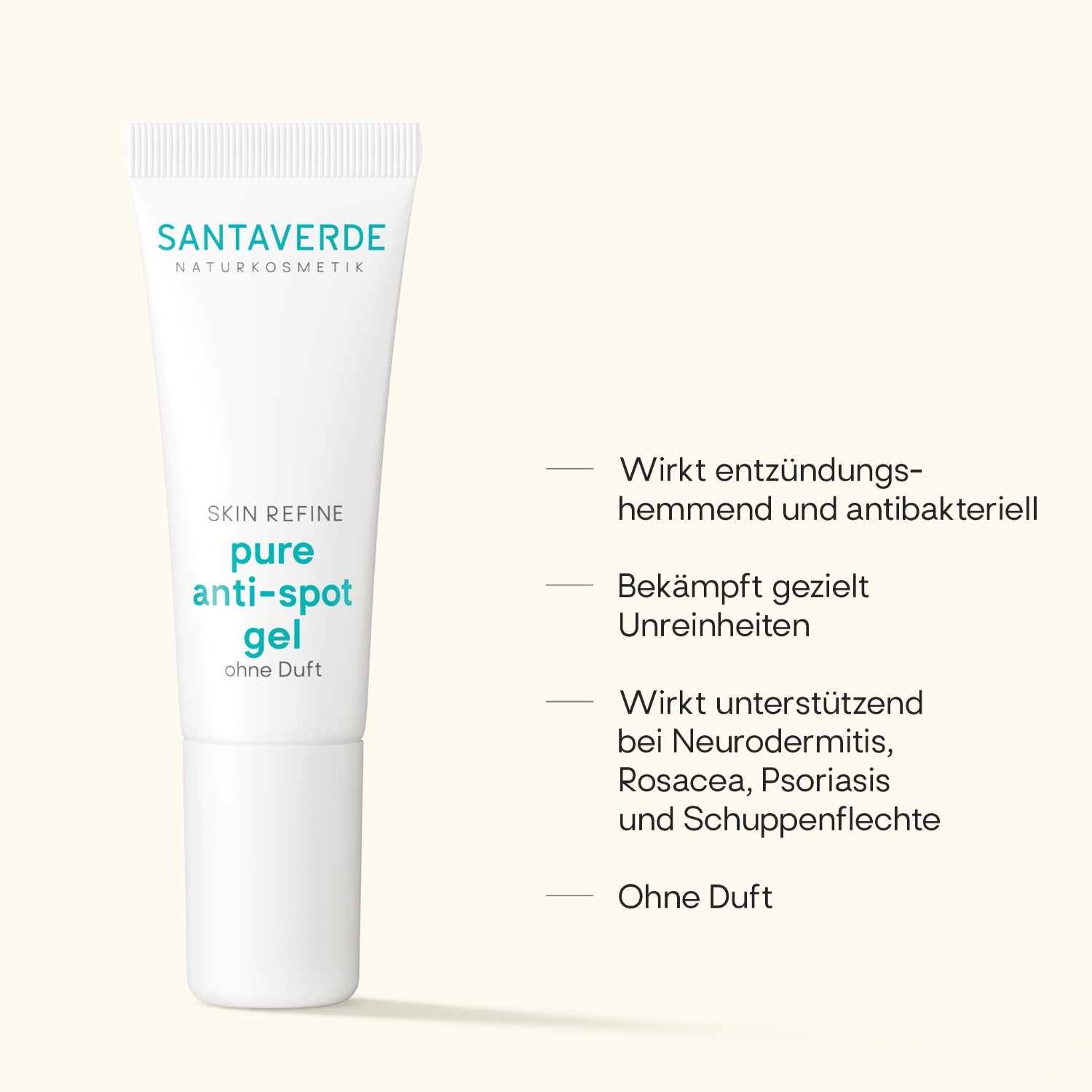 Santaverde Anti-Spot-Gel – Naturkosmetik SOS-Gesichtsgel mit Aloe Vera, Produktdarstellung mit USPs und Anwendungsvorteilen auf hellem Hintergrund