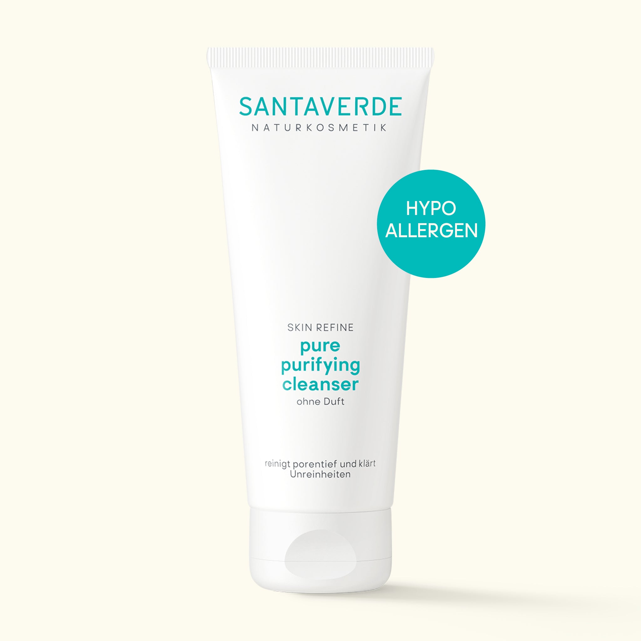 Santaverde Pure Purifying Cleanser ohne Duft 100 ml – Aloe Vera Naturkosmetik sanftes Reinigungsgel für unreine und empfindliche Haut, weiße Tube minimalistisch arrangiert mit Hypoallergen-Störer