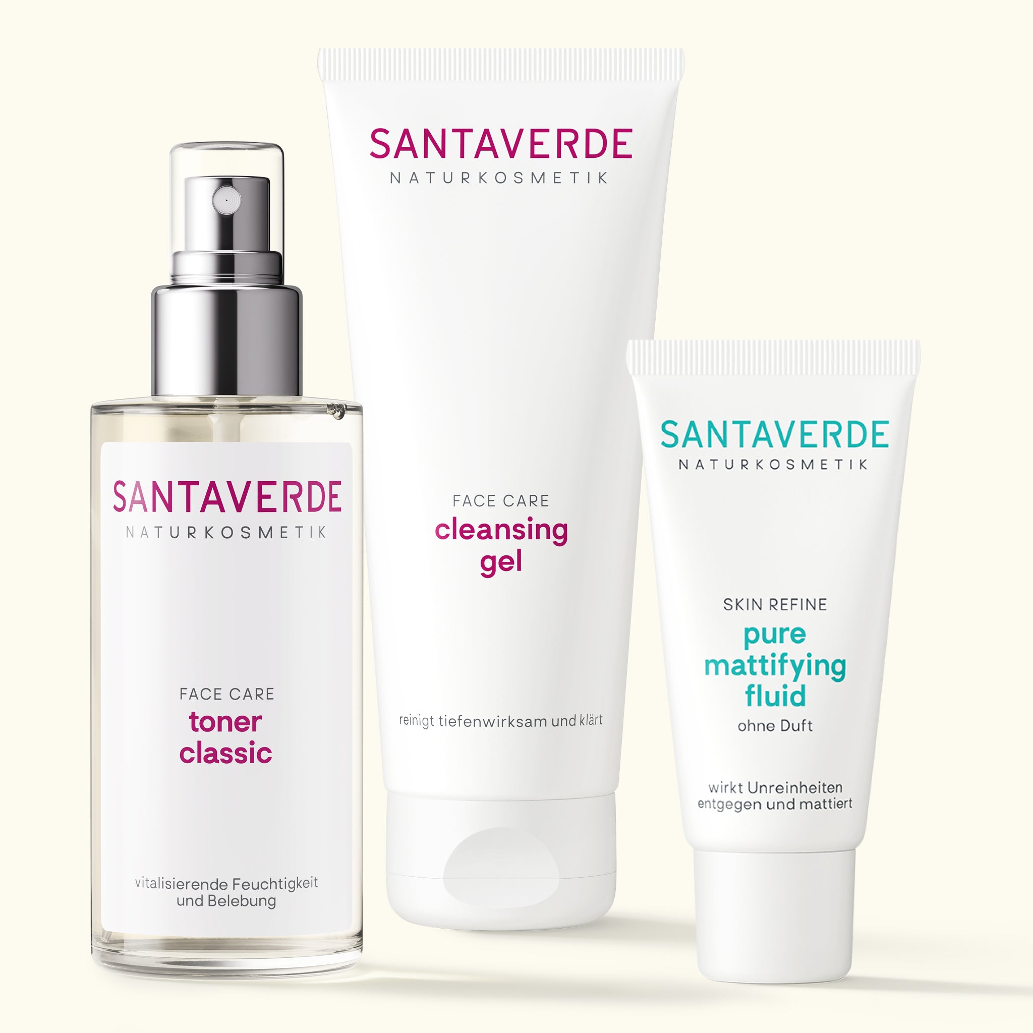 Santaverde Pflegeset Mischhaut – Naturkosmetik Set mit Aloe Vera Gesichtspflegeprodukten für Mischhaut auf hellem Hintergrund.