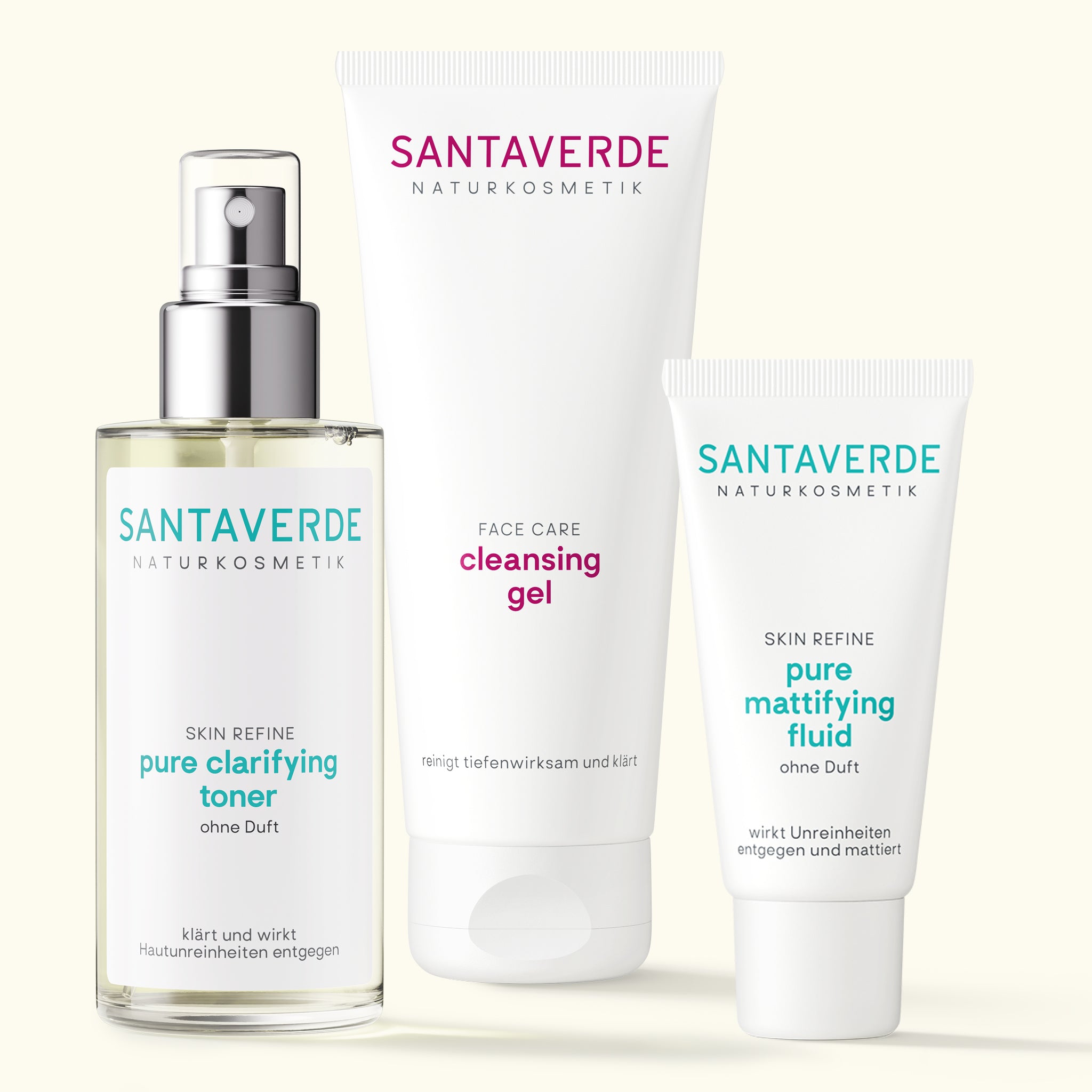 Santaverde Pflegeset unreine Haut – Naturkosmetik Set mit Aloe Vera Gesichtspflegeprodukten für unreine Haut auf hellem Hintergrund