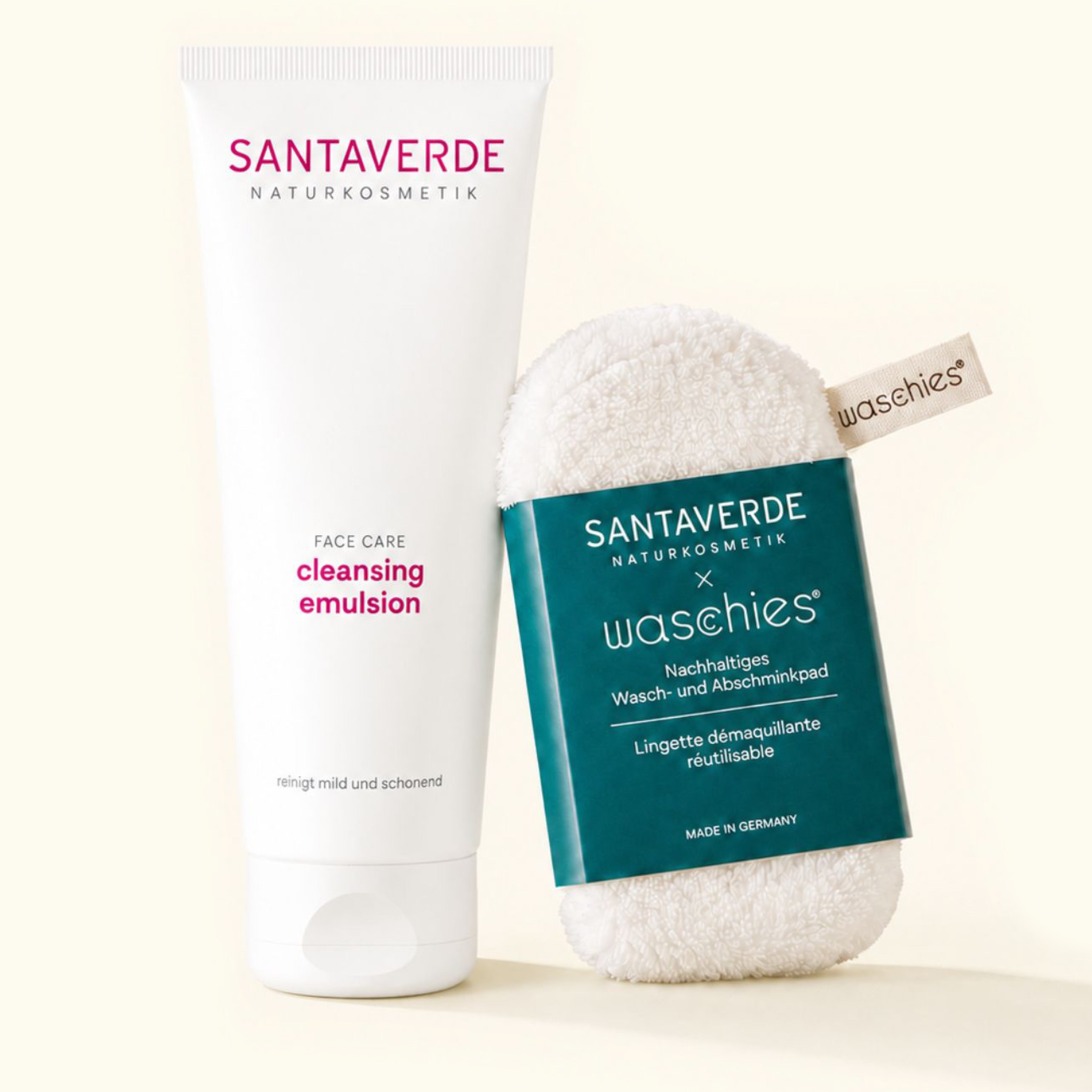 Das Cleansing Duo Sensitive verbindet die milde cleansing emulsion von Santaverde mit einem wiederverwendbaren waschies® Pa