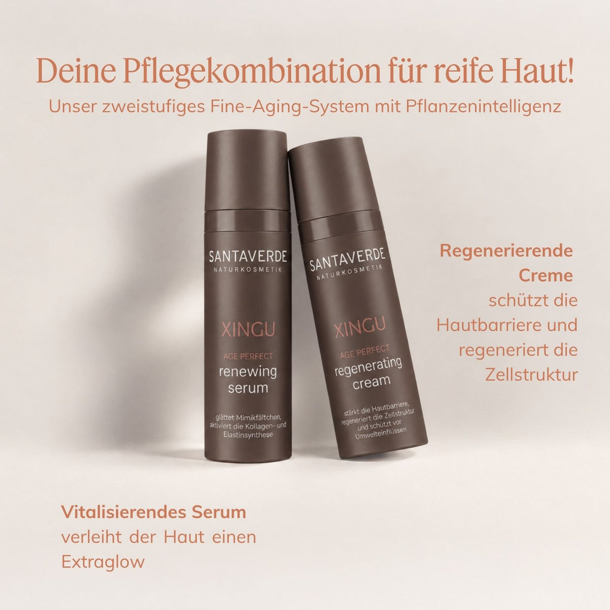 XINGU Renewal Duo: eine Pflegekombination für reife Haut. Zweistufiges Fine-Aging-System aus vitalisierendem Serum und regenerierender Creme