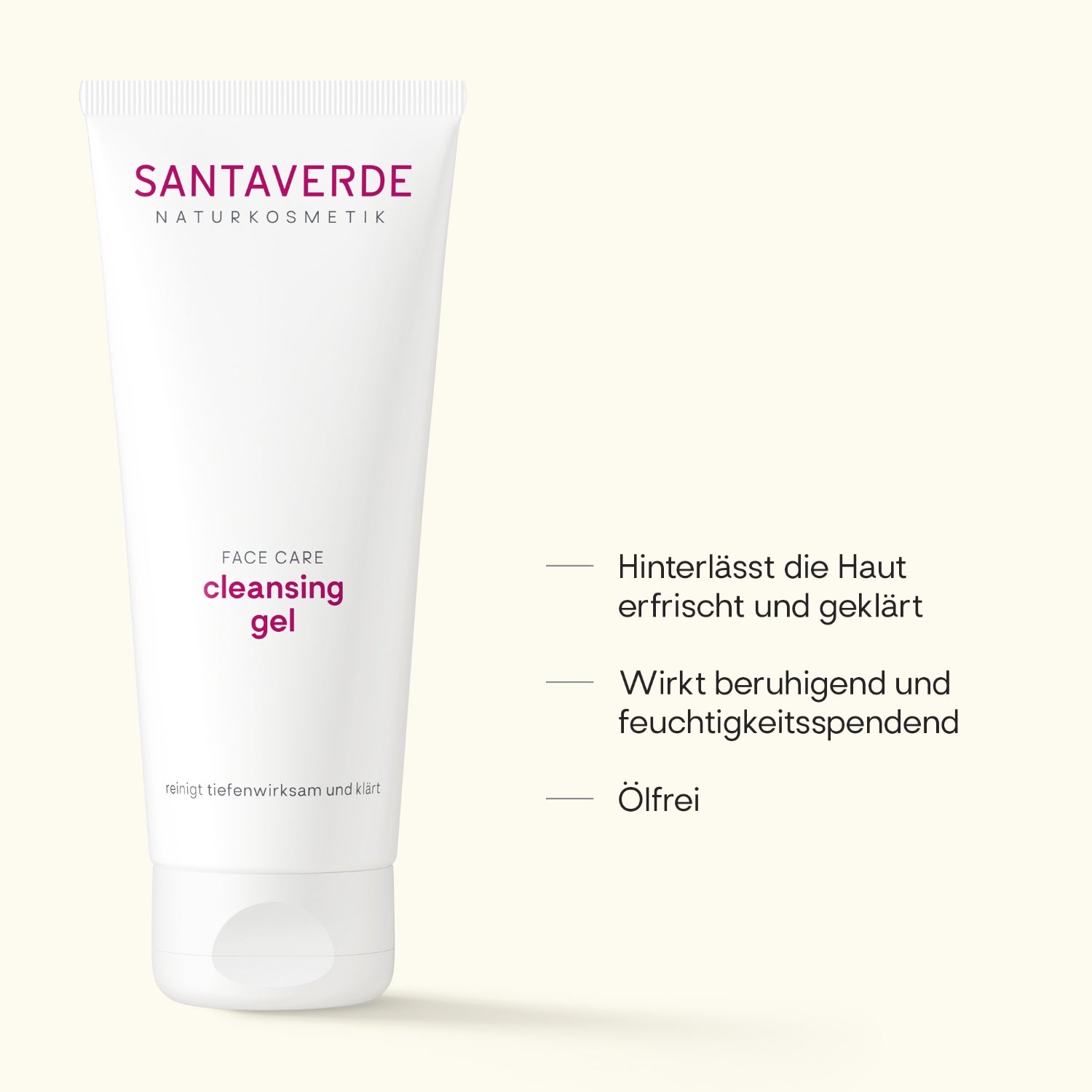 Santaverde Cleansing Gel 100 ml – für sensible Haut geeignet, Produktdarstellung mit USPs und Anwendungsvorteilen auf hellem Hintergrund