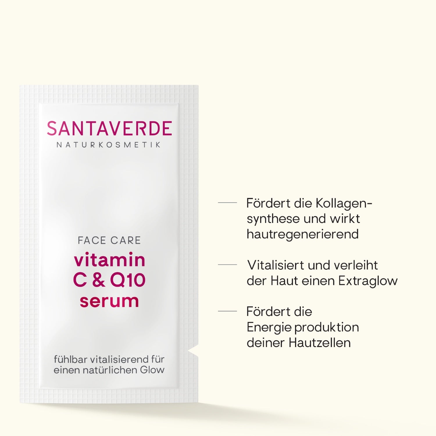 Santaverde Vitamin C & Q10 Serum – Naturkosmetik mit Aloe Vera, Produktdarstellung mit USPs und Anwendungsvorteilen auf hellem Hintergrund