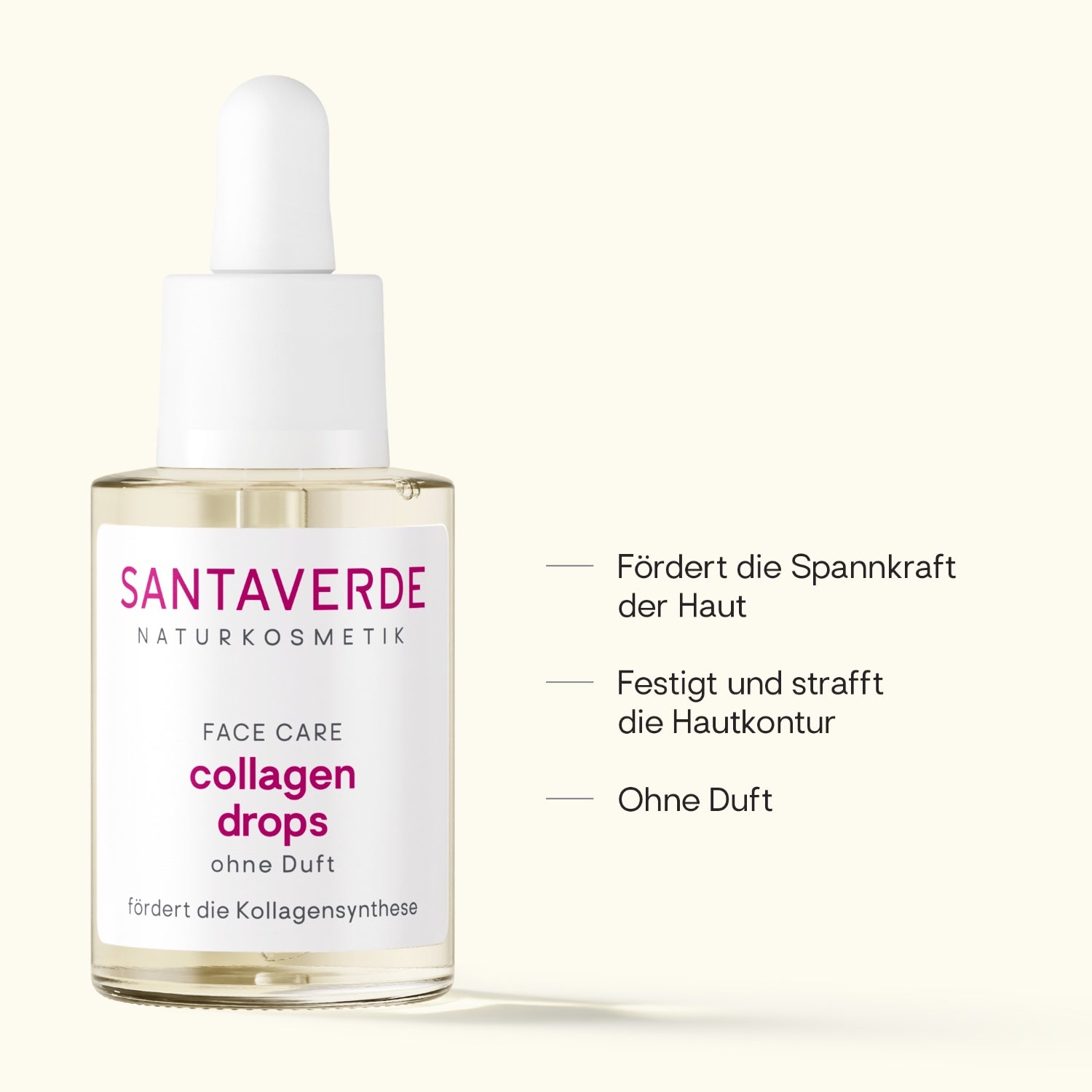 Santaverde Collagen Drops – Naturkosmetik Gesichtsdrops mit Aloe Vera und Collagen, Produktdarstellung mit USPs und Anwendungsvorteilen auf hellem Hintergrund