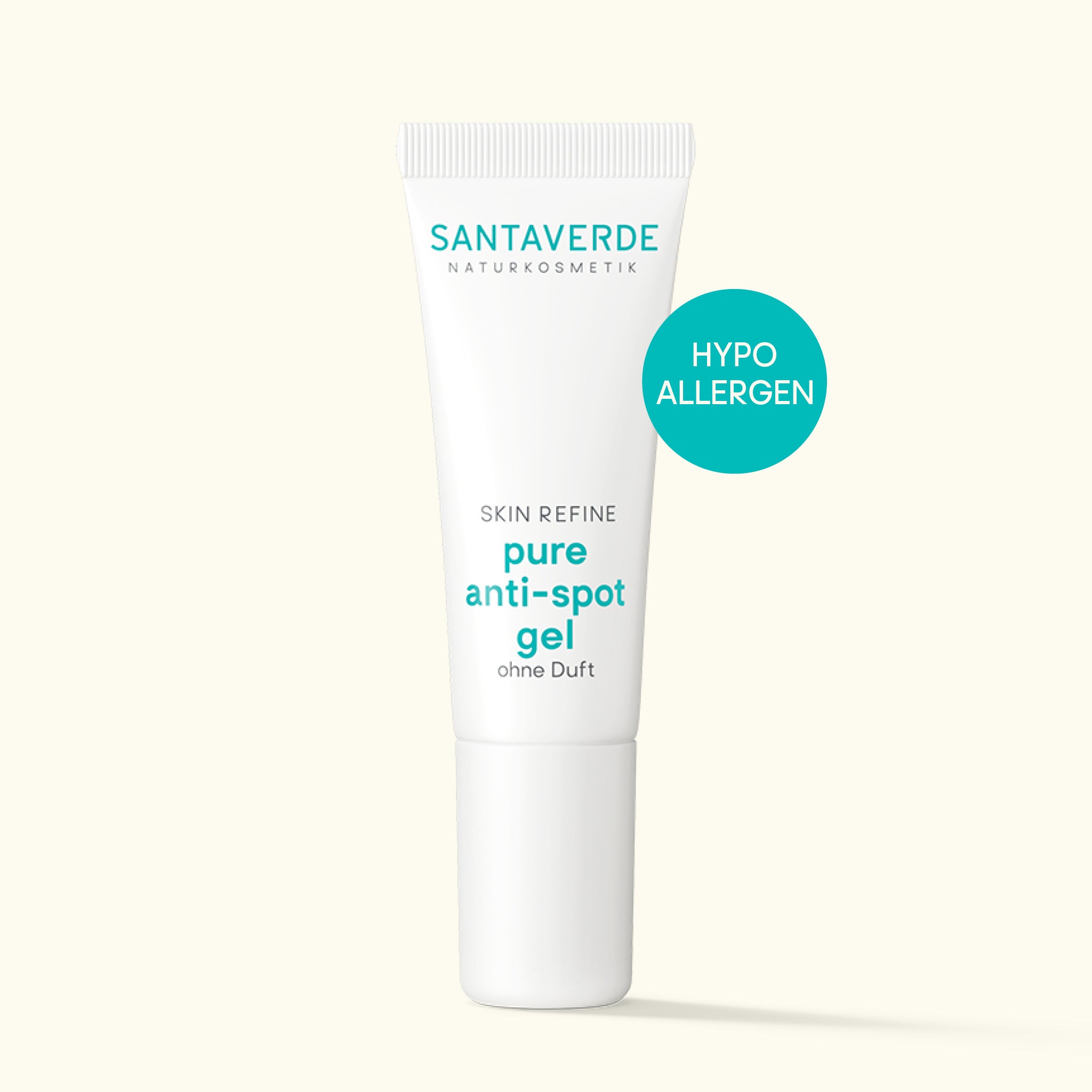 Santaverde Pure Anti-Spot Gel ohne Duft – parfümfreies Naturkosmetik-Gel mit Aloe Vera zur punktuellen Behandlung von Hautunreinheiten in weißer 10 ml Tube auf hellem Hintergrund mit Hypoallergen-Störer