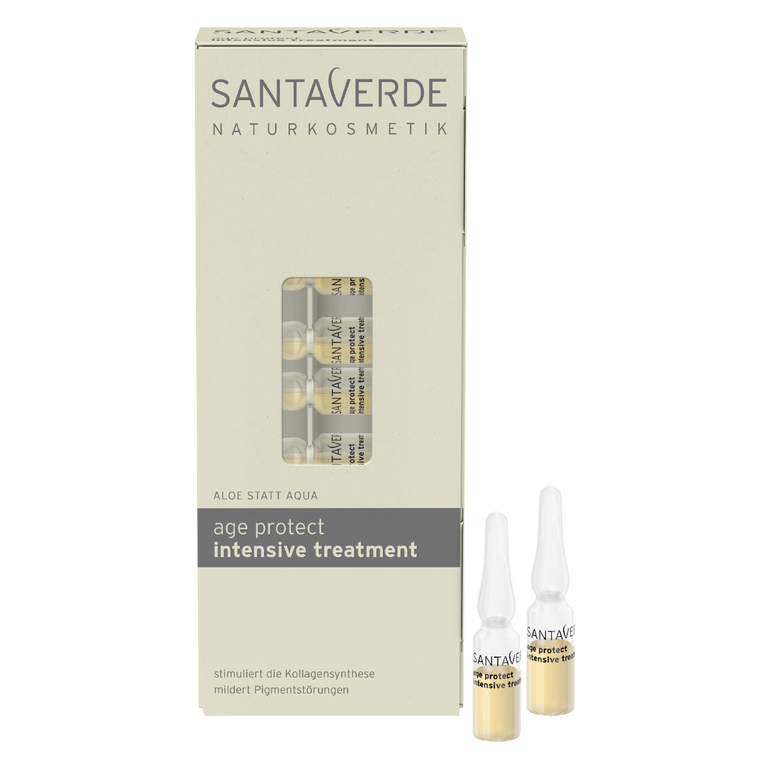 Anti-Age Ampullen für ein ebenmäßiges Hautbild - Santaverde Naturkosmetik age protect intensive treatment - Umverpackung und Ampullen